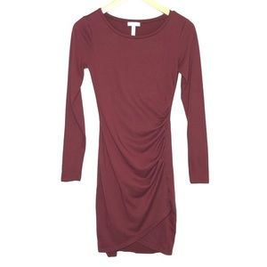 Leith Maroon Long Sleeve Bodycon T-shirt Midi Dress Size XS Ruching Faux Wrap